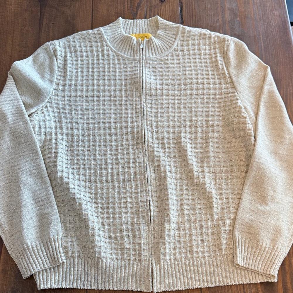 St. John Gold Textured Mock Zip-Up Sweater-XL